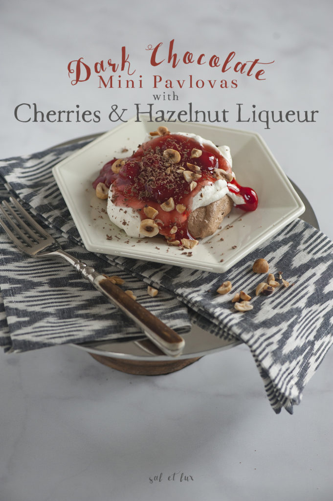Dark Chocolate Mini Pavlovas with Cherries and Hazelnut Liqueur